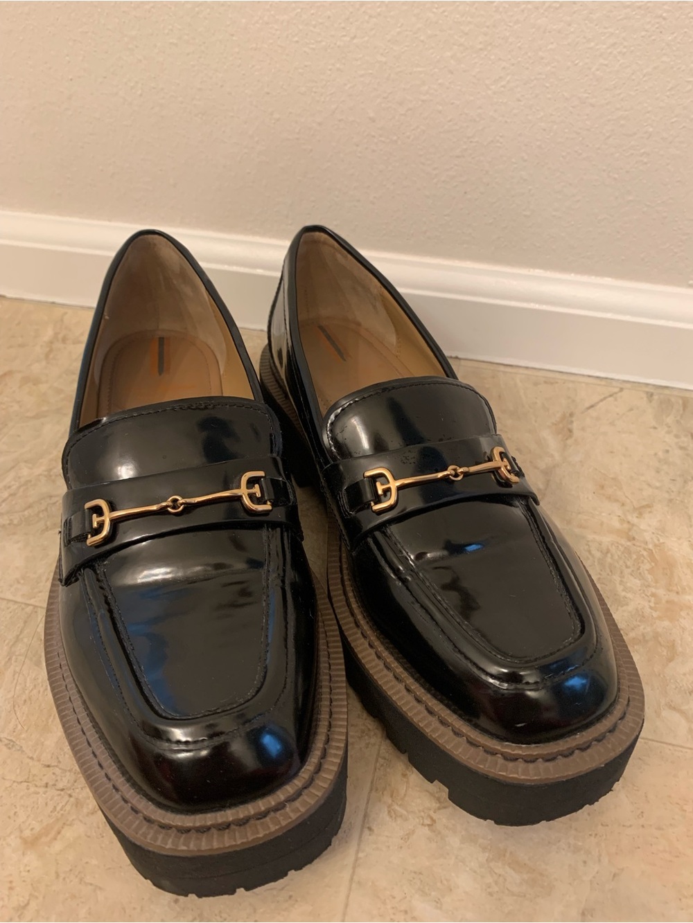 Sam Edelman Black Patent Leather Loafers with Gold Bit